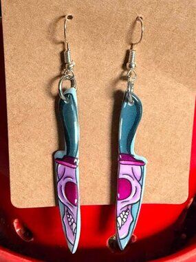 Skull Knife Dangle Earrings Horror Gothic Halloween Statement Jewelry